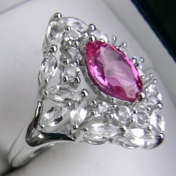 3.20CT Pink Sapphire & White Topaz SILVER Ring 7 - Picture 6 of 8